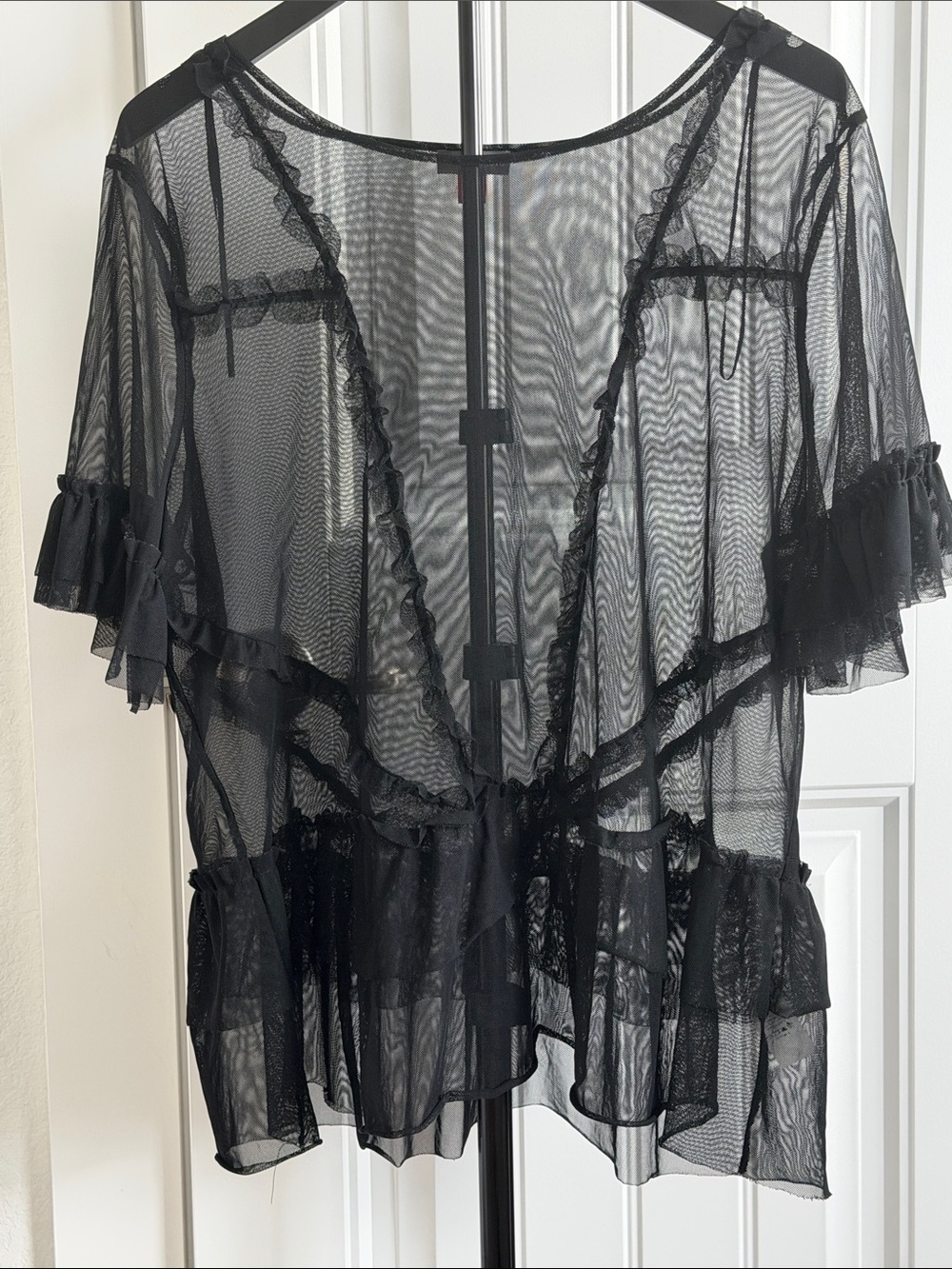 Vince Camuto Sheer Black Ruffle Mesh Top